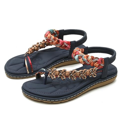 YEGBFLFF Women Summer Flat Sandals, Womens Crystals Elastic Strap Stretch Bohemian Style Sandals, Comfy Beach Walking Flat Sandals (Blue,5)