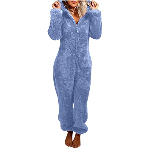 hlysgo Womens Long Sleeve Flannel Casual Loungewear Fall Fashion 2025 Hooded Jumpsuit Fuzzy Fluffy Casual Onesies Pajamas Blue
