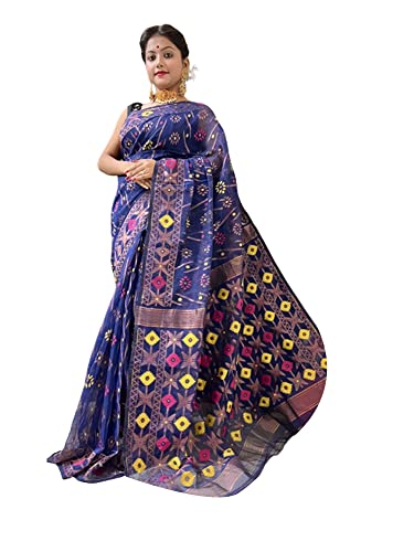 Sari Jamdani de algodón bengalí azul ropa tradicional india mujer de 5.5m