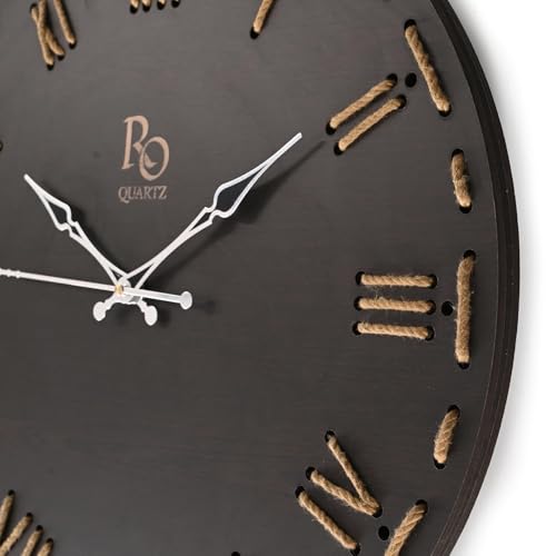 Image of Wooden Round Shape Roman Dial Wall Clock with Silver Hands & Golden Jute Rope Detailing | Silent Quartz Movement Anti Reflection Analog Vintage Clock for Office & Home (Black, 15.5 Inch)