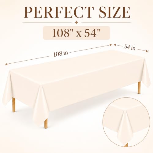Image of WNINK 4 Pack Ivory Plastic Tablecloths, 54 x 108 Inch Disposable Covers | Ideal for Weddings, Bridal Showers, Baby Showers and Birthdays, Helping Protect Tabletops from Spills and Simplify Cleanup