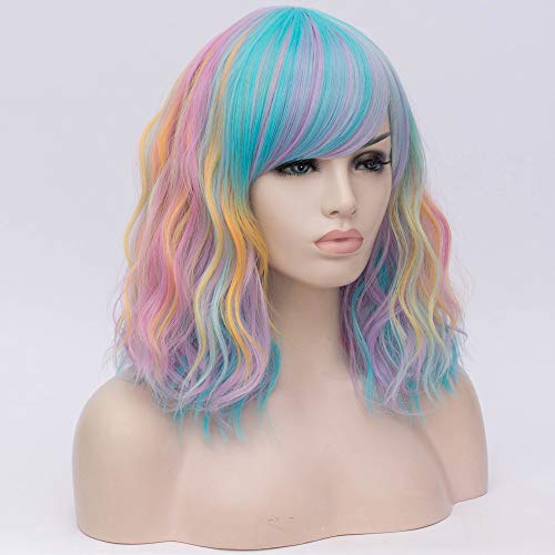 Beron 14 Inches Pastel Rainbow Wig Women’s Rainbow Curly Wig With Bangs Colorful Wig For Women Halloween Cosplay Wig For Daily Use Synthetic Wigs (Colorful) #TOP3