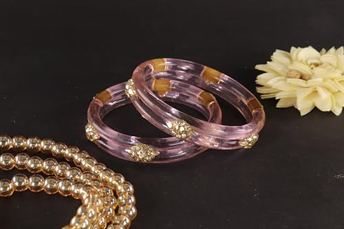 Image of NMII Diamond Glass Bangles Crystal Kada Set For Women & Girls Adorned with Golden Zircon Stones | Trending Girls Bangles Bracelet | Transparent Chudi Kangan For Wedding, Party, Daily, Ethnic- Set of 2