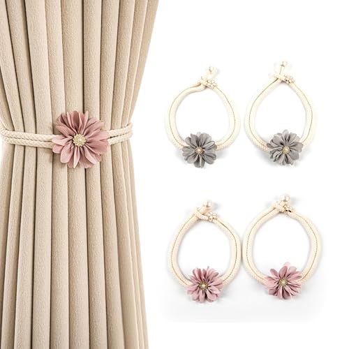 HUANR Gardinen Raffhalter, 4 Stück Gardinenhalter, Vorhang Halter Dehnbar, Grau und Rosa Vorhang Kordel, Verstellbar Vorhang Raffhalter, Raffhalter für Vorhänge, für Wohnzimmer, Garten, Schlafzimmer