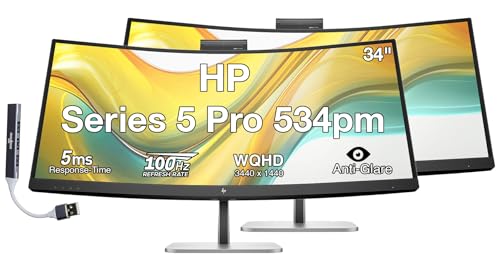 Image of HP Series 5 Pro 534pm 34 inch WQHD USB-C Conferencing Monitor, 5MP Pop-up Webcam, Tilt, Swivel, AI Noise Reduction Speakers, VESA, HDMI & DKZ USB Expander, Black /Silver (9E0Z2UT#ABA) 2 Pack