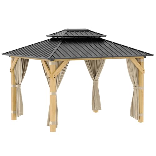 Garvee 10x12 ft Hardtop Gazebo with Nettings and Curtains, Wood Grain Heavy Duty Double Roof Galvanized Steel Outdoor Combined of Vertical Stripes Roof for Patio, Backyard, Deck, Lawns, Khaki - Image 7