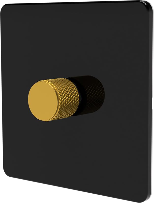 LED Dimmer Switch [Metal Knob/Plastic faceplate] 2-way Rotary Push On/Off for Dimmable LED and Halogen Lights, minimum brightness adjustable - Black/Gold 1-Gang — image 1
