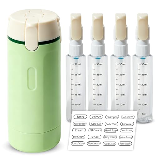 4 in 1 Travel Bottle Dispenser Refillable Leakproof Mini Plastic Travel Containers for Toiletries Small Holiday Travel Pump Bottle for Eessentials Lotion Shampoo Conditioner & Liquids