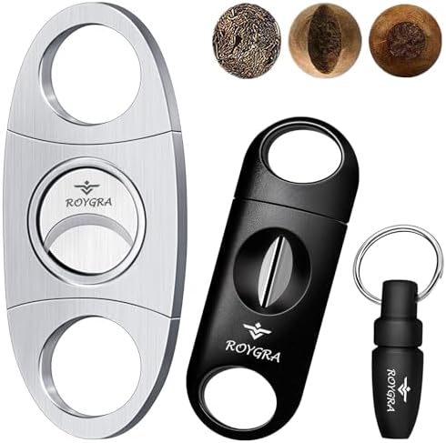 roygra Cigar Cutter Set (3 Pack), Cigar Accessories for Men - Stainless Steel Guillotine, Enlarged V-Cut Fit All Cigars, Punch Tool - Smoking Accessories, Portable Sharp Clean Cut - Silver