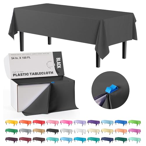 Image of Exquisite Party Solids 54 Inch X 100 Feet Black Plastic Table Cover Roll in A Cut - to - Size Box with Convenient Slide Cutter. Cuts Up to 12 Rectangle 8 Feet Plastic Disposable Tablecloths