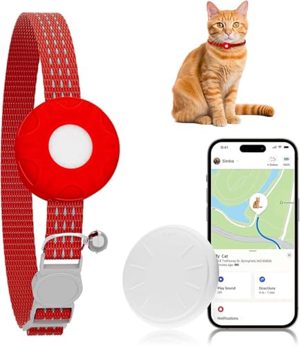 Image of GPS Tracker for Cats, Cat Tracker, Compatible with Apple Find My App (Only iOS), No Monthly Fee, Waterproof, Breakaway Collar Included (White Tracker, Red Cat Collar)