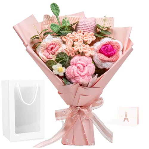 Crochet Flower Bouquet Pink Crochet Flowers Ovis ammon Hand Knitted Flowers Rose for Graduation Gift Teachers Day Weddings Birthdays Mothers Day Include Gift Box Bag (with Card)