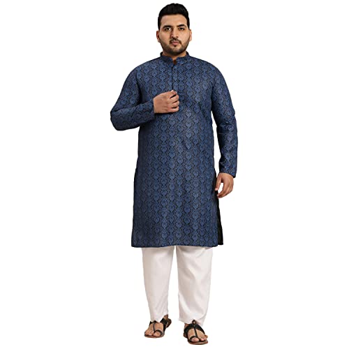 Image of SOJANYA PLUS (Since 1958) Men's Cotton Blend Navy Blue and Black Printed Kurta and White Pyjama Set
