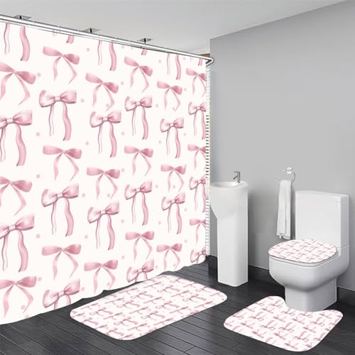 AZHM 4Pcs Pink Shower Curtain Set Cute Bathroom Sets with