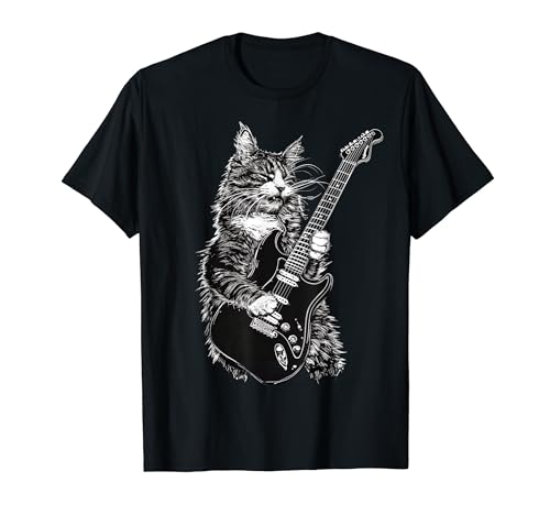 Rock Cat Tocando Guitarra Eléctrica Diseño Hombre Mujer Camiseta