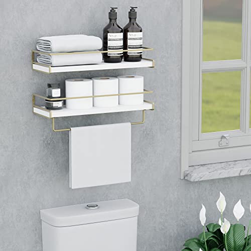 Mzf Wall Decor Floating Shelves, Home Decor With Towel Bar/Hooks, Wall Shelves For Bathroom/Living Room/Kitchen/Bedroom, (Gold-White) Floating Bathroom Shelves #TOP2