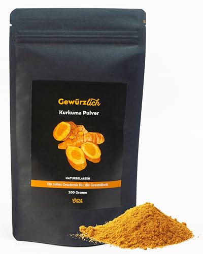 Kurkuma Pulver 200g von Gewürzlich - Premiumqualität, Fein Gemahlen | Perfekt für Goldene Milch, Tees & Asiatische Küche | Würzige Aromen für Suppen und Mehr | 100% Naturrein