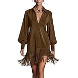 Women's Faux Suede Dress Western Puff Long Sleeve A-Line Mini Dresses Lapel V Neck Fringe Hem Cowgirl Outfit Brown L