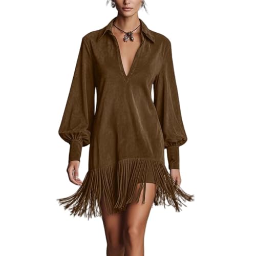 Women Suede Mini Dress Long Sleeve V Neck Fringe Lapel Vintage Loose Dresses Fall Spring Western Solid Party Outfit S-2XL Brown