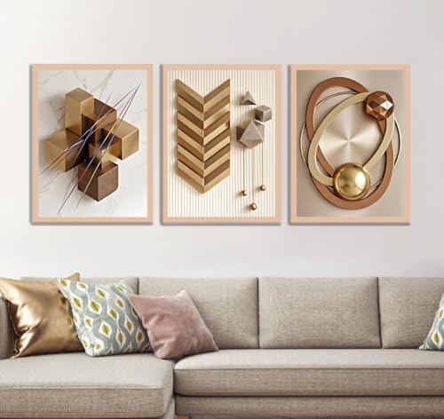 Image of ARAkri Geometric Abstract Wall Art Set of 3, Framed Poster Prints, Gold and Copper Tones, Modern Abstract, Ready to Hang, Living Room Decor (Art 3, 13 x 17 inch)
