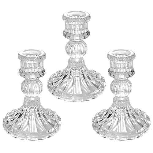 Gazeer Glass Candlestick Holders,Taper Candle Holders, Elegant Crystal Candle Holders Decorative Candle Holders Set of 3, Glass Candle Holders for Wedding, Festival, Party & Festival Decoration.