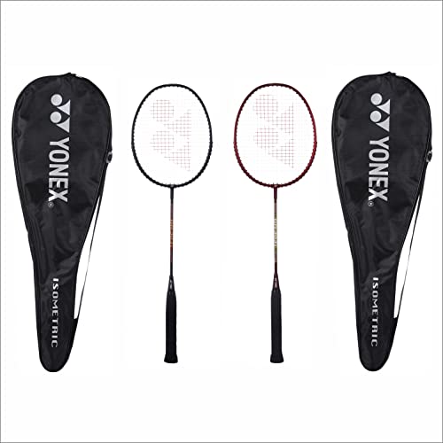 Yonex Raqueta de bádminton GR 303I fabricada en la India, paquete de 2 con cubierta completa (negro/rojo oscuro)