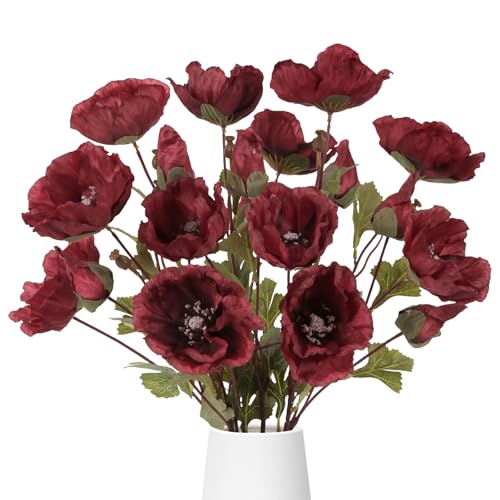 muafho Burgundy Faux Poppy Artificial Flowers 6Pcs Fake Poppy Silk Flowers with Long Stems for Bridal Wedding Bouquets Floral Arrangements Centerpiece Table Home Shower Party Decorations (Burgundy)