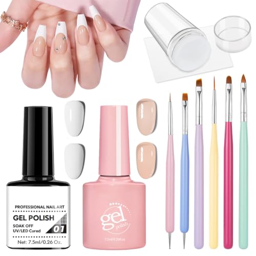 QIUFSSE French Manicure Kit,Nude White French Tip Gel Polish,Set C
