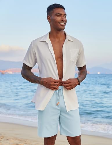 Image of COOFANDY Mens Casual Linen Shorts Elastic Waist Drawstring Loose Fit Summer Beach Vacation Shorts with Pockets