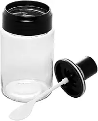 Açucareiro de Vidro com Colher e Tampa de Plástico Preta 7cm x 7cm 14cm - Wolff
