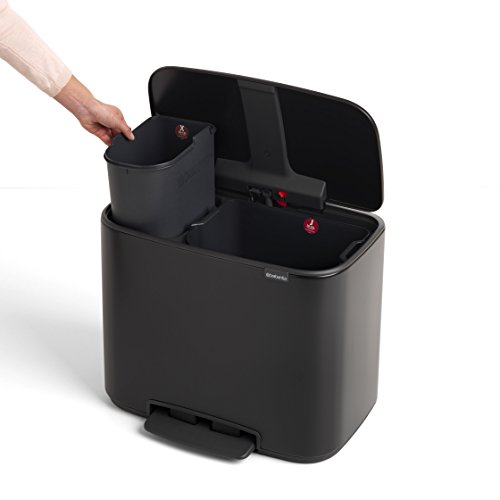 Image of Brabantia Bo Step-On Kitchen Trash Can with Dual Compartments | Matt Black | 3 + 6 Gal Inner Buckets | Soft-Close Garbage Can, Light Pedal Operation, Stay-Open Lid | Fits Against Wall | + Trash Bags