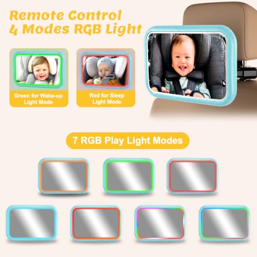 Image of Baby Car Mirror with Light, Blue | 7 RGB Light Rear Facing Car Seat Mirror for Baby with Remote Control Rechargeable 360 Rotation Hook Clip Design Wide View