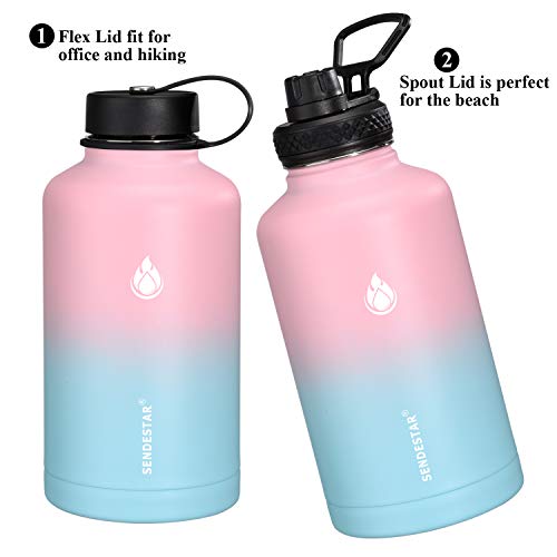 Sendestar 64 Oz Water Bottle Double Wall Vacuum Insulated Leak Proof Stainless Steel Beer Growler +2 Lids—Wide Mouth With Flat Cap & Spout Lid Includes Water Bottle Pouch (Peach&Light Blue) #TOP5