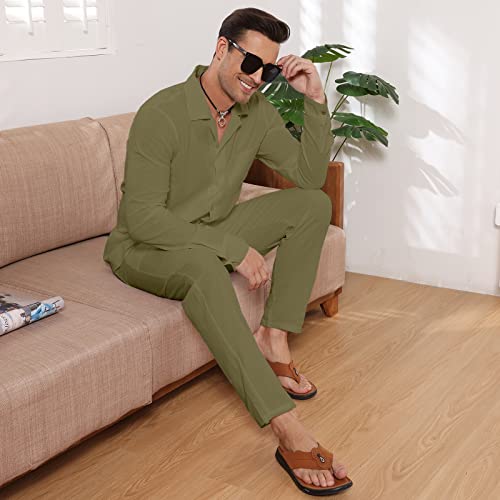 Endoradore Men 2 Piece Linen Set Button Down Long Sleeve Shirt And Casual Beach Drawstring Waist Pants Holiday Outfits #TOP6