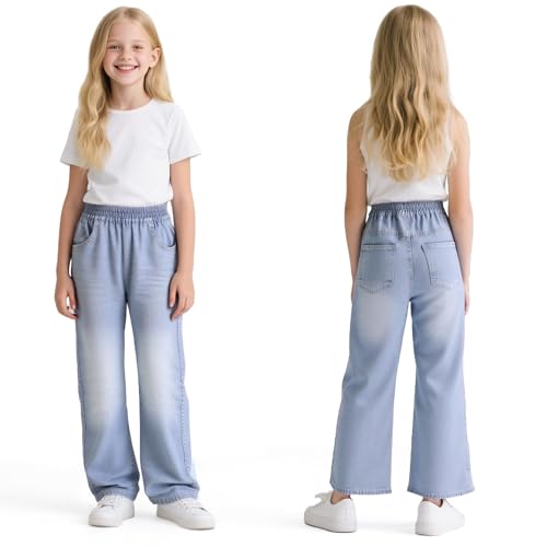 Baogaier Mädchen Jeans Wide Leg Denim Hosen Kinder Baggy Jeanshosen Lässige Weich Elastischer Bund Streetwear mit Taschen Loose Fit Jean Hose, Gr.152, für 11-12 Jahre, 160, Hellblau