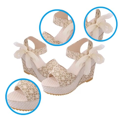 Women's Strappy Sandals, Summer Lace Bow-Knot Strap Open Toe Fish Wedge Platform Sandals, Non-slip Cosy Wide Beach Shoes, for Walk, Travel, Shopping, Party, Office, Work, Beach, Driving3