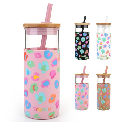 Tronco 20 oz Glass Tumbler with Lid and Straw, Iced Coffee Cup and Smoothie Cup with Bamboo Lids & Protective Silicone Sleeve, Dishwasher Safe, BPA-Free, Glass Cup 1 Pack Amber 20 Ounces (Pa