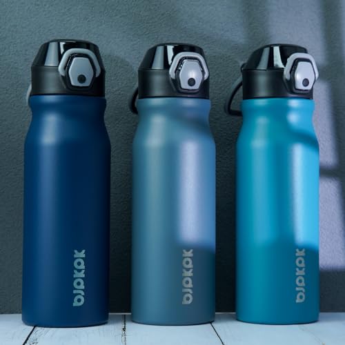 Image of BJPKPK 25 oz Insulated Water Bottle, Straw, Handle, Stainless Steel Flask | Leak Proof Locking Lid, Thermal, Double Wall Vacuum, Keeps Hot /Cold, BPA Free, Dishwasher Safe, Travel & Sports, Navy Blue
