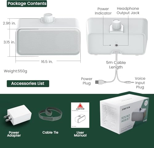 ANSTEN Sprachverstärker für Fernseher, Clear Voice Fernseher Lautsprecher mit 5m Langes Kabel, TV Lautsprecher für Senioren und Hörgeschädigte, Keine Audioverzögerung, Plug and Play