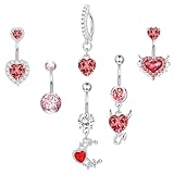 FIASASO 6Pcs Belly Button Rings for Women Surgical Steel Hypoallergenic 14G Dangle Belly Button Ring Heart CZ Belly Rings Clicker Belly Piercing Navel Piercing Jewelry Pack Red