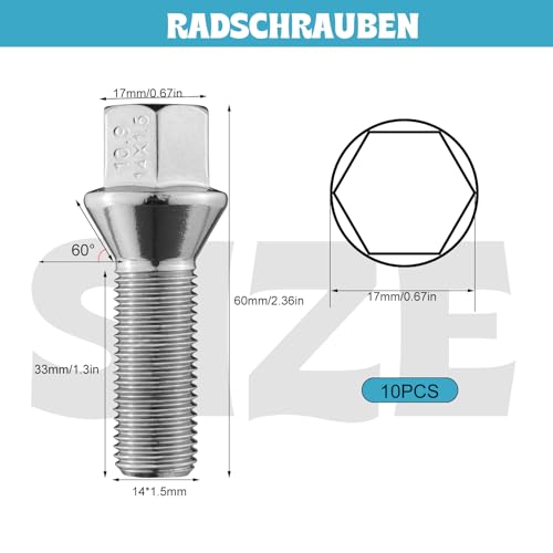 Radschrauben M14x1,5 Kegelbund Kegel 35mm - 10 Stück Radbolzen Radschraube für Autoräder Alufelgen (Silber)