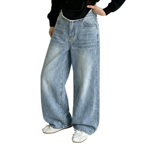 Jeans holgados de pierna ancha para niñas con bordados bonitos y bolsillos estilo Y2K de mezclilla