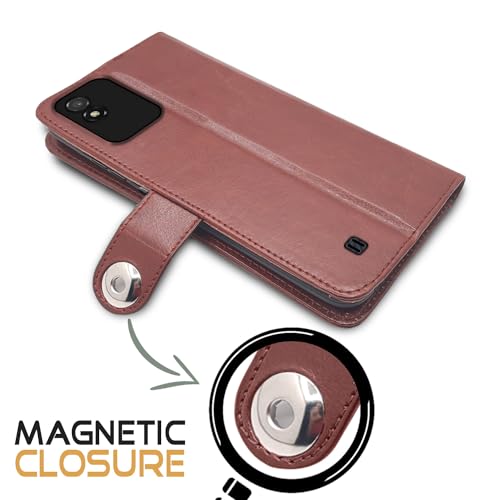 Image of Pikkme Realme Narzo 50i Flip Cover | Genuine PU Leather Finish | Full 360 Protection | Wallet Style | Inbuilt Pockets & Stand | Strong Button Closure Magnetic Flip Case for Realme Narzo 50i (Brown)