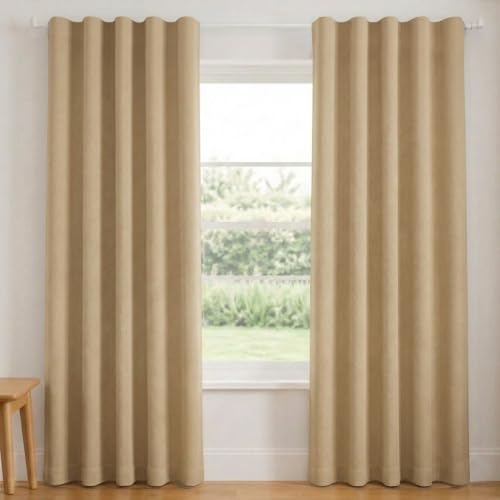 Image of FRESH FROM LOOM | Non-Ring Curtains | S-Wave Pleat | 10 ft Curtains for Slider Track | Non-Ring Curtains | S-Wave Pleat | Parda | Light Block Blackout Parde | (Beige | 10 Feet, Set of 2)