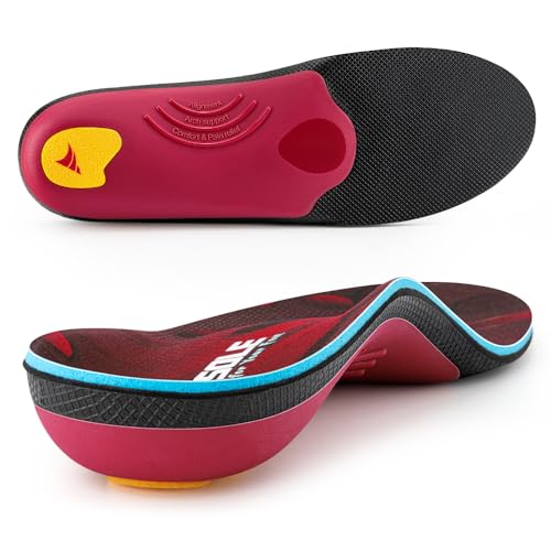 VALSOLE Plantillas ortopédicas para hombres y mujeres, plantillas de soporte para fascitis plantar, pies planos,plantillas para zapatos de trabajo cómodos (Rojo Negro, 44 45 EU 28.6cm)