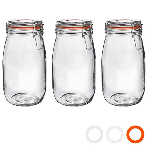 Argon Tableware Glass Jars with Airtight Metal Clip Lid - 1500ml/50.7oz - 3 Pack - 4 Colour Seals - Large Kitchen Storage Container Round Preserving Jar for Pickling, Chutney, Jam, Coffee