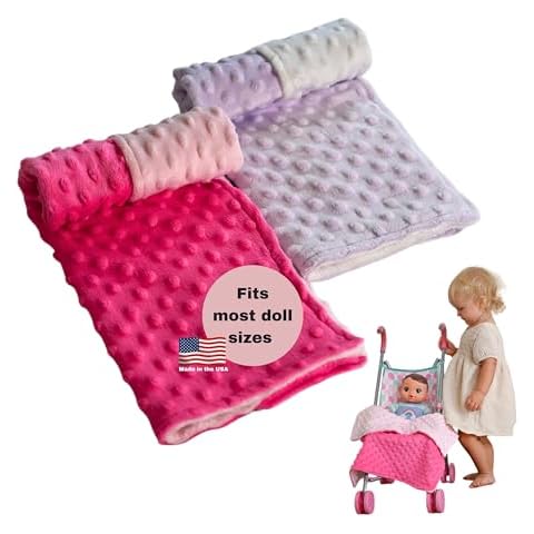 Baby Doll Blanket Set for 18 Inch, 15 Inch, and 12 Inch Dolls. Includes 2 Miniature, Plush, and Reversible 17" Baby Doll Blankets for Pretend Play. Cover