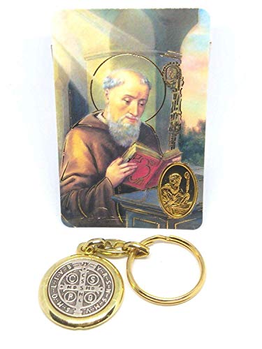 Latón Color Metal St. Benedict Llavero 8cm Llavero, Regalo Cristiano Católico