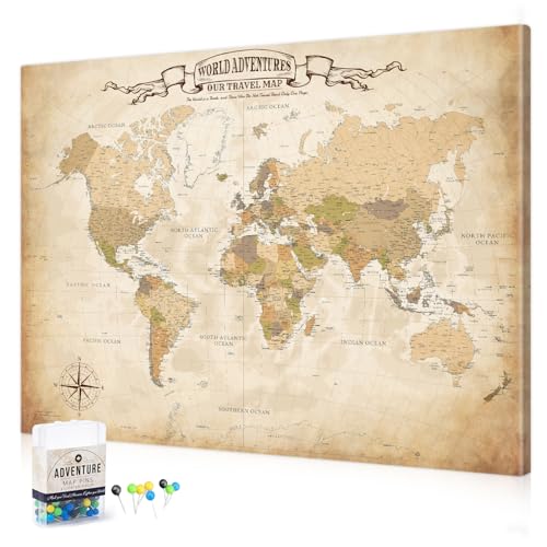 Image of DECORARTS - Oversized World Travel Map with Pins, Pin Board Canvas Wall Art, Extra Large Antique Old World Maps for Wall, Giclee Print, Handcrafted in USA, 40x30''