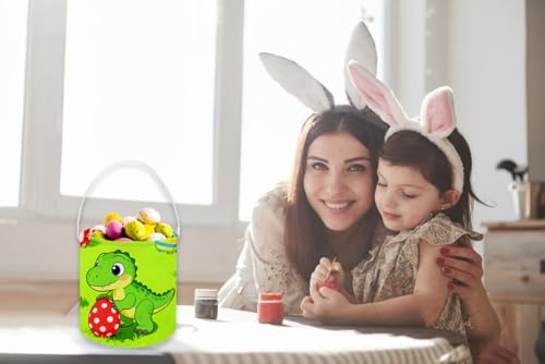 Image of Dinosaur Baskets, Kids Easter Dinosaurs Storage Bins.Easter Basket Empty with Handles.Dinosaurs Eggs Decor,Books, (Green Dinosaur)
